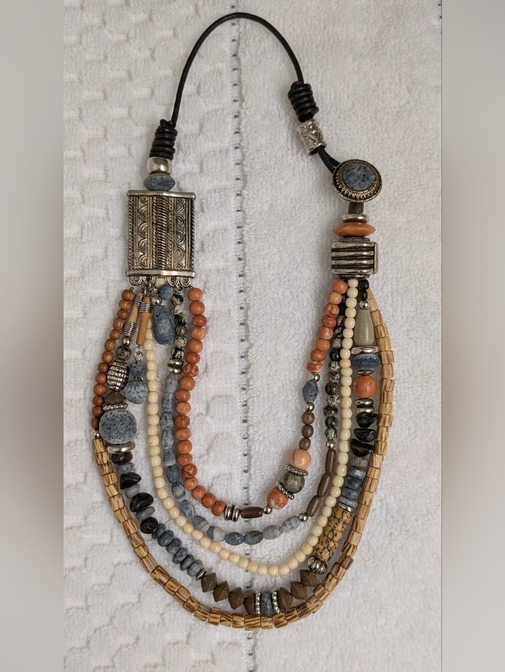 Multistrand Beaded Statement Necklace in Blue, Coral & Cream